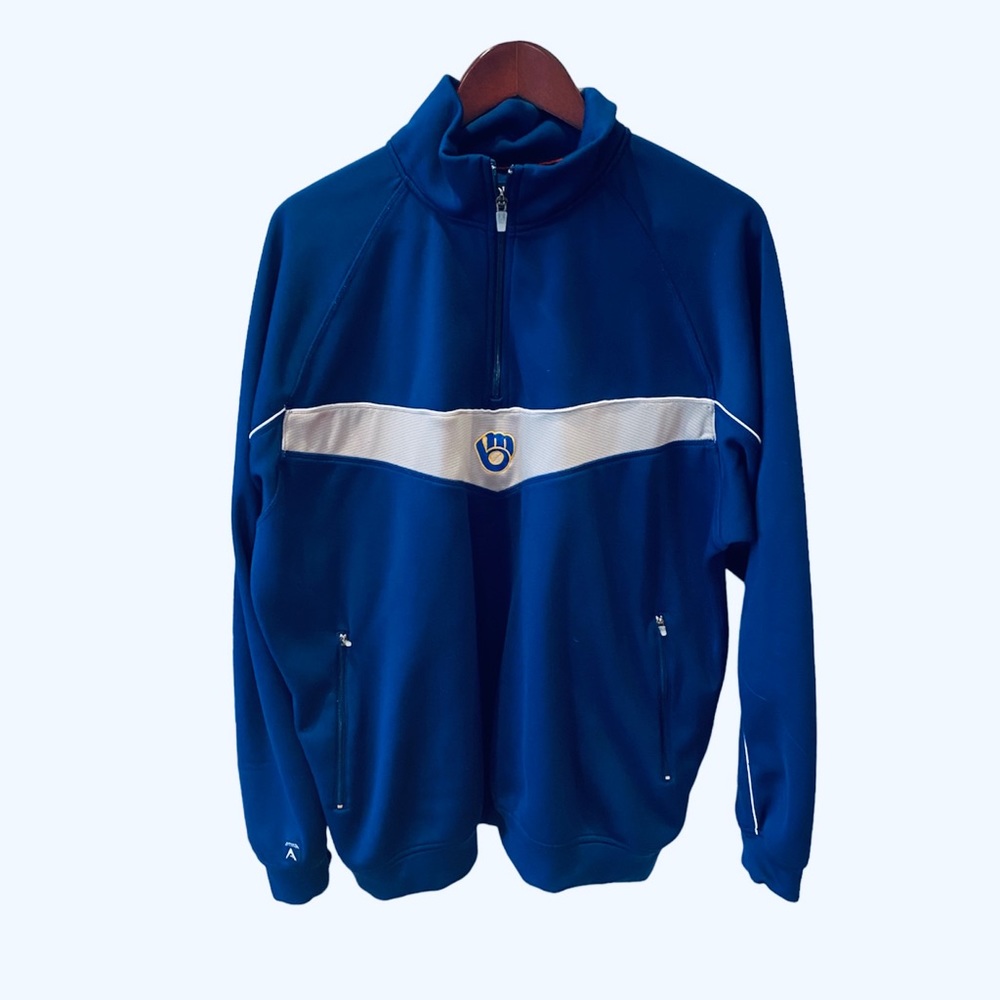 Milwaukee Brewers MLB Pull Over 1/2 Zip Sweatshirt Shirt Blue Gray Embroidered L